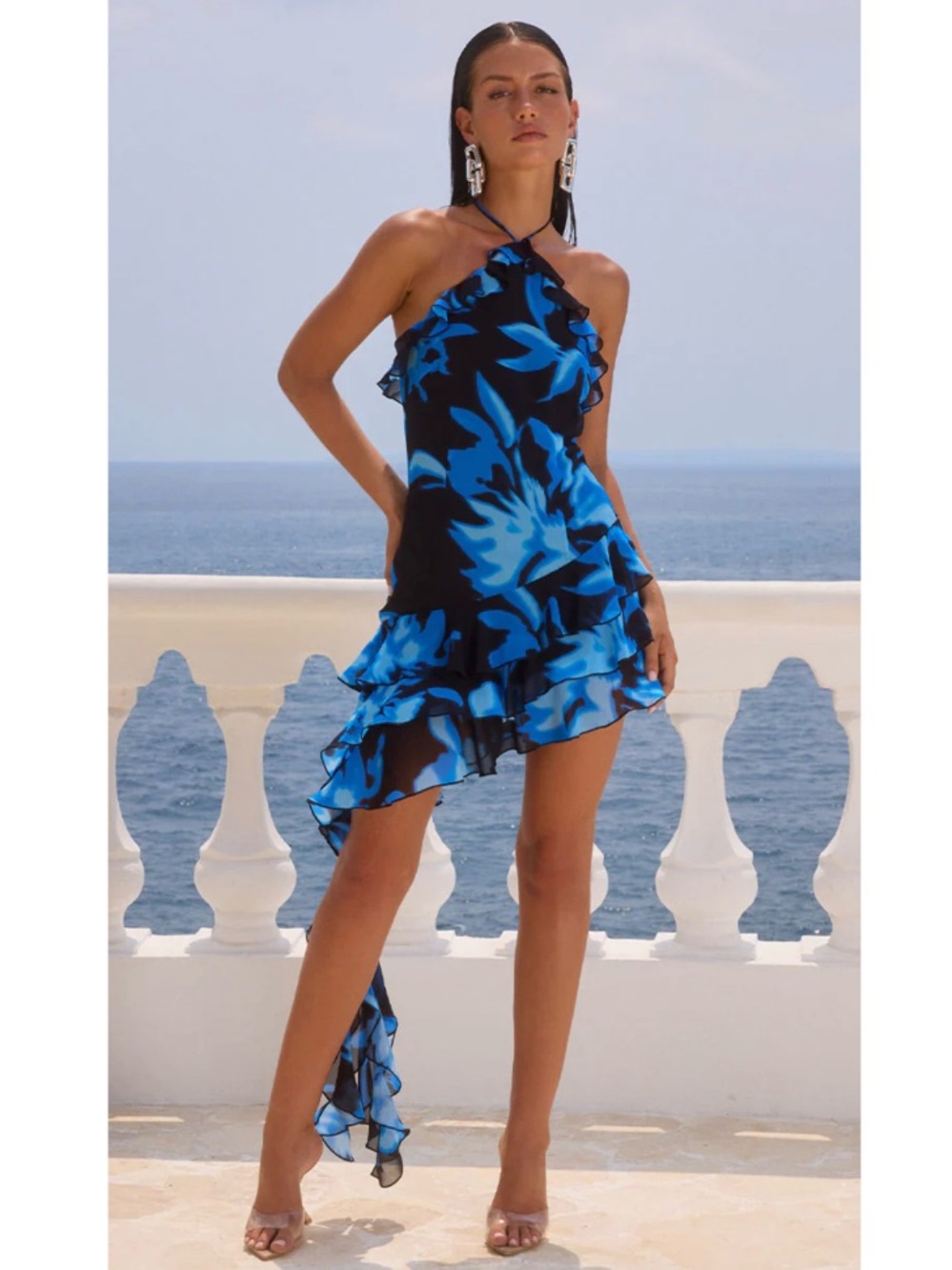 Asymmetric Blue Floral Halter Mini Dress